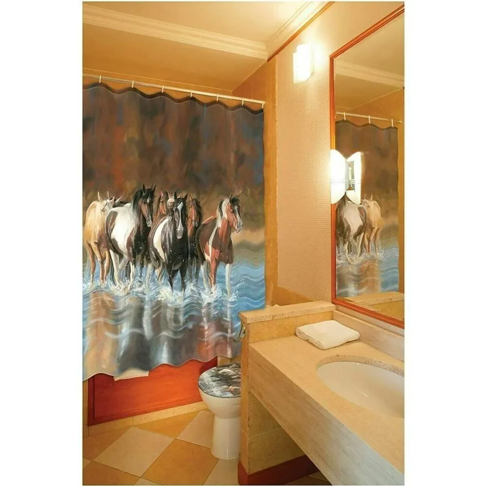 Rivers Edge Rush Hour Fabric Shower Curtain Horse Crossing Creek Brown Hooks NEW
